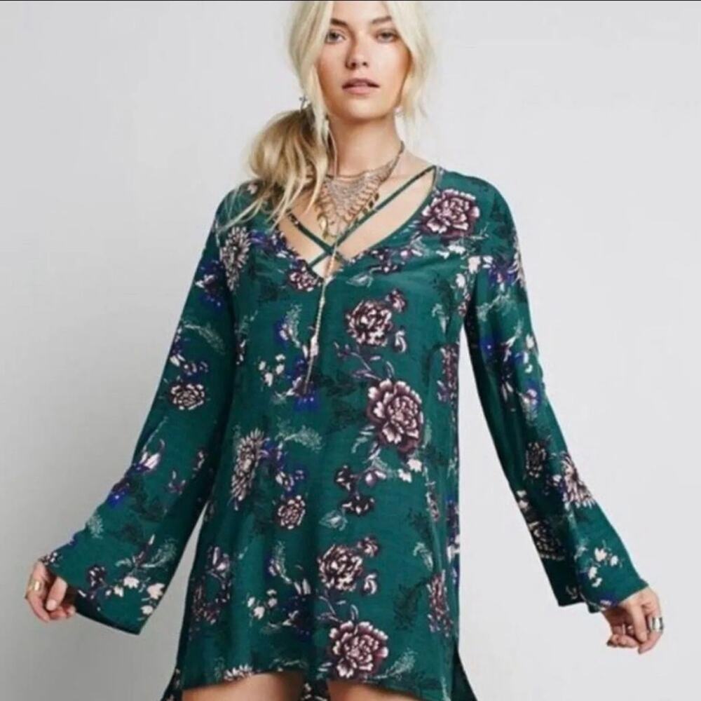 Free People Heart Beat Tunic Dress Boho Floral Long Bell Sleeve floral bohemian